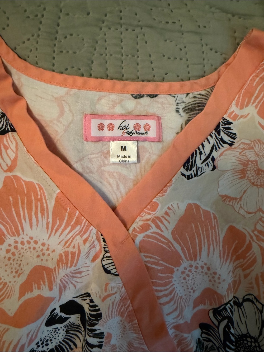 koi Peach and Black Floral Wrap Scrub Top - Picture 2 of 6